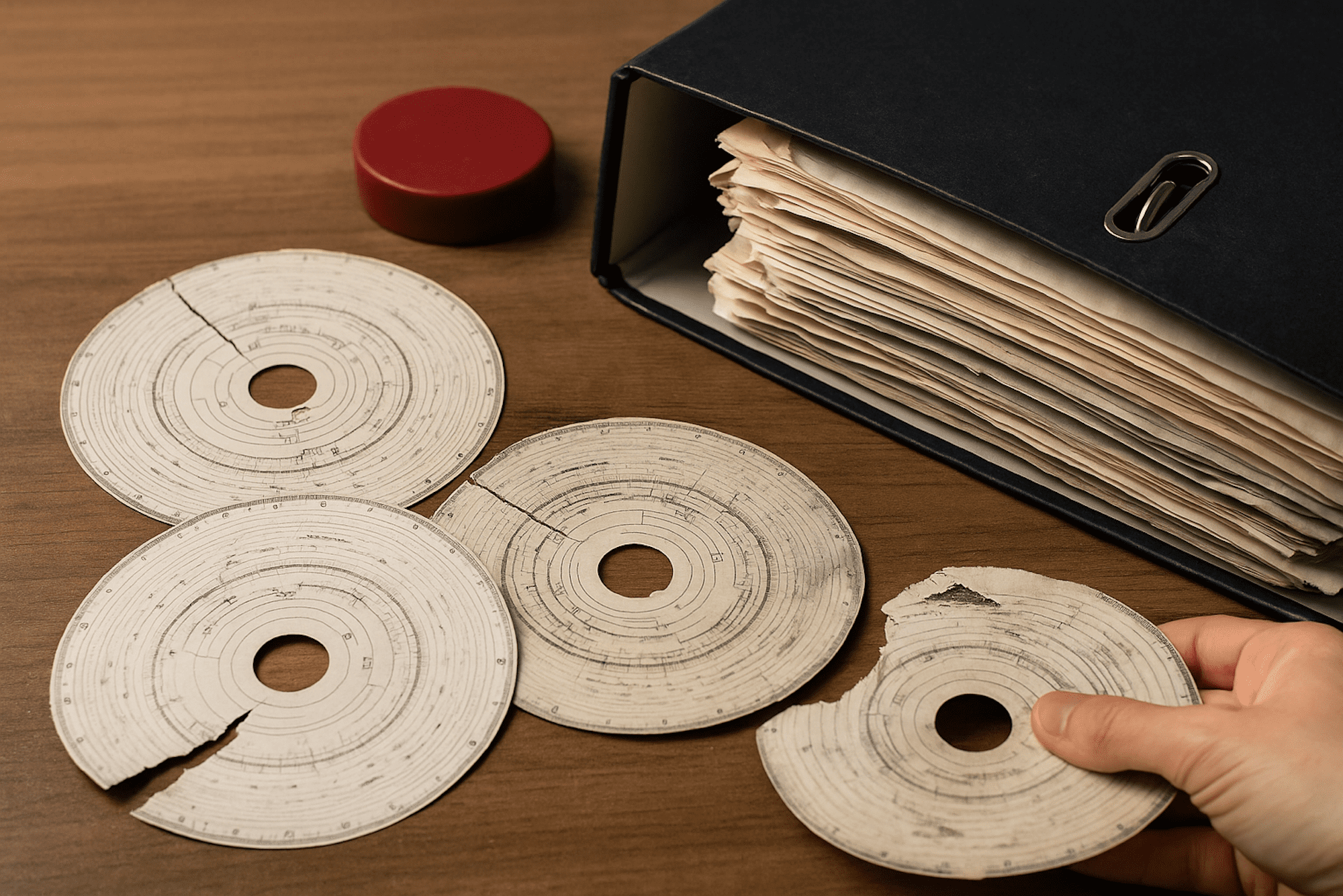 Analoger Fahrtenschreiber_Tachoworld-4 Beschädigte Diagrammscheiben eines analogen Fahrtenschreibers neben Ordner