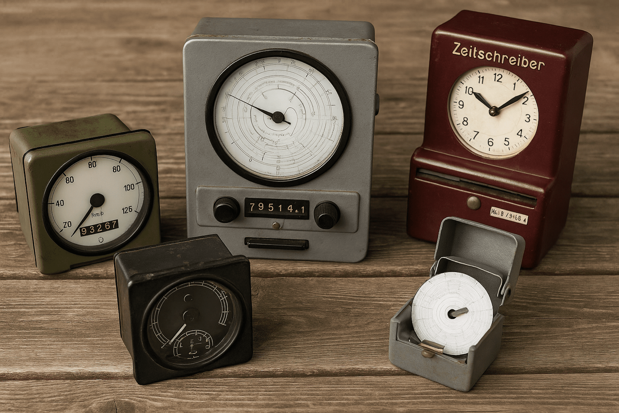 Analoger Fahrtenschreiber_Tachoworld-5 Historische analoge Fahrtenschreiber und Zeitschreiber auf Holztisch