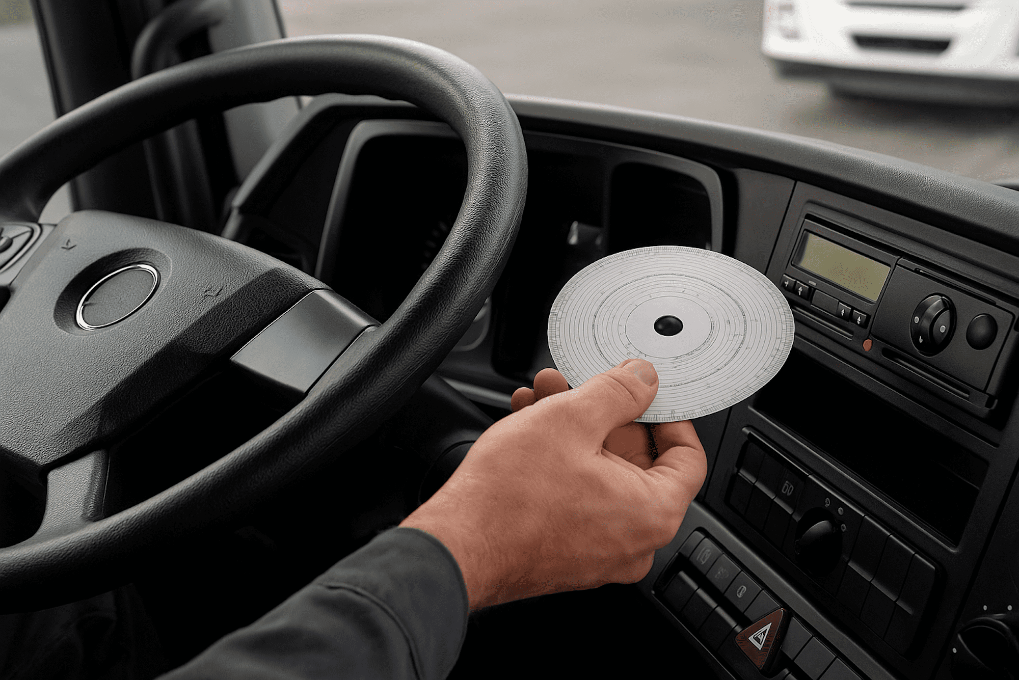 Analoger Tachograph_Tachoworld-1 Fahrer hält eine runde Diagrammscheibe für analogen Tachographen im LKW