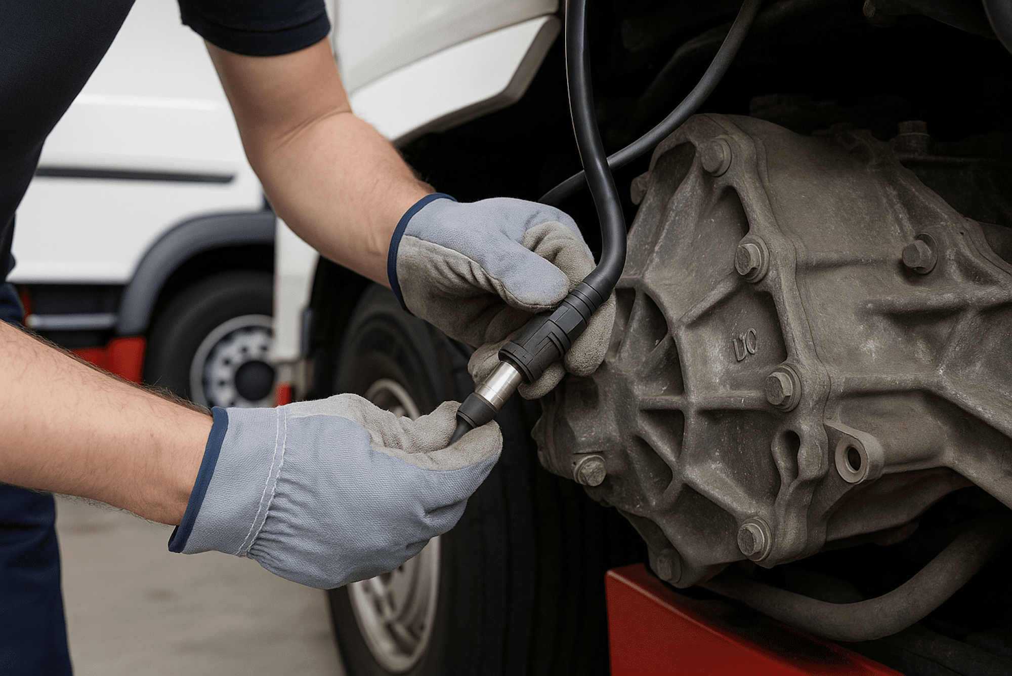 Kitas Geber_Tachoworld-1 Mechaniker montiert Kitas-Geber am Getriebe eines LKW