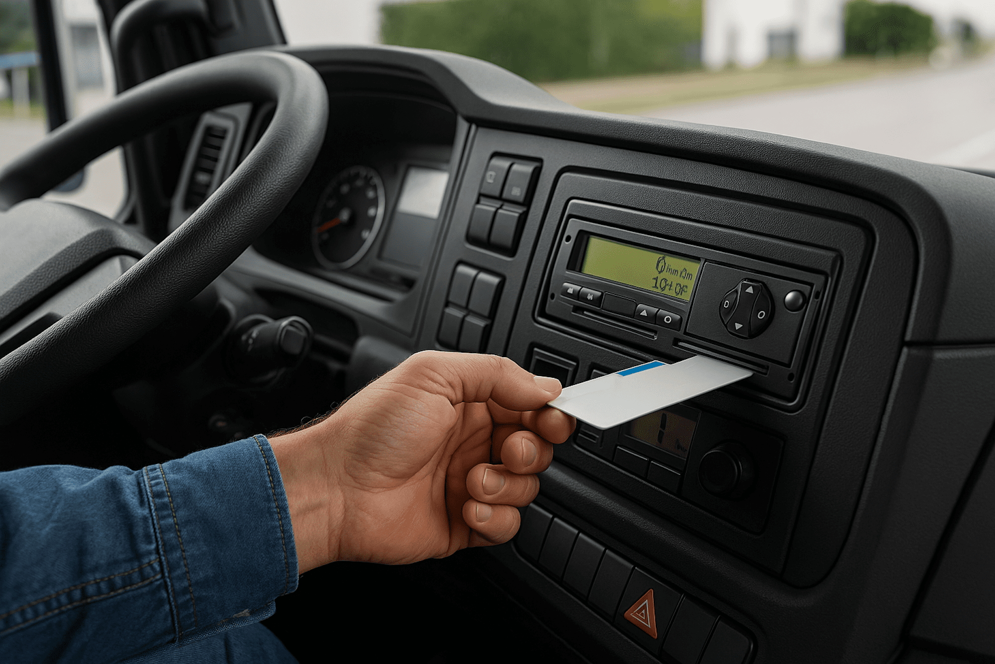 Kitas Geber_Tachoworld-2 Fahrer steckt Karte in digitales Kontrollgerät im LKW zur Datenerfassung