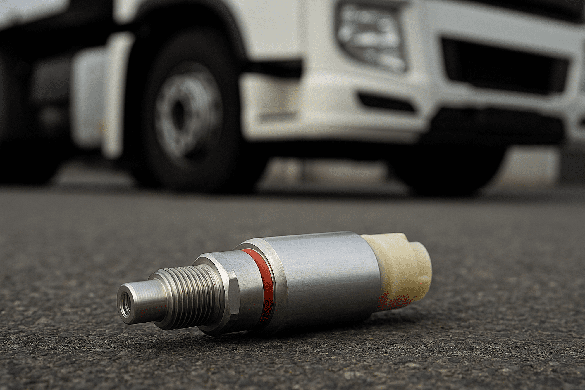 Kitas Geber_Tachoworld-3 Kitas-Geber Sensor für LKW auf Asphalt mit Fahrzeug im Hintergrund