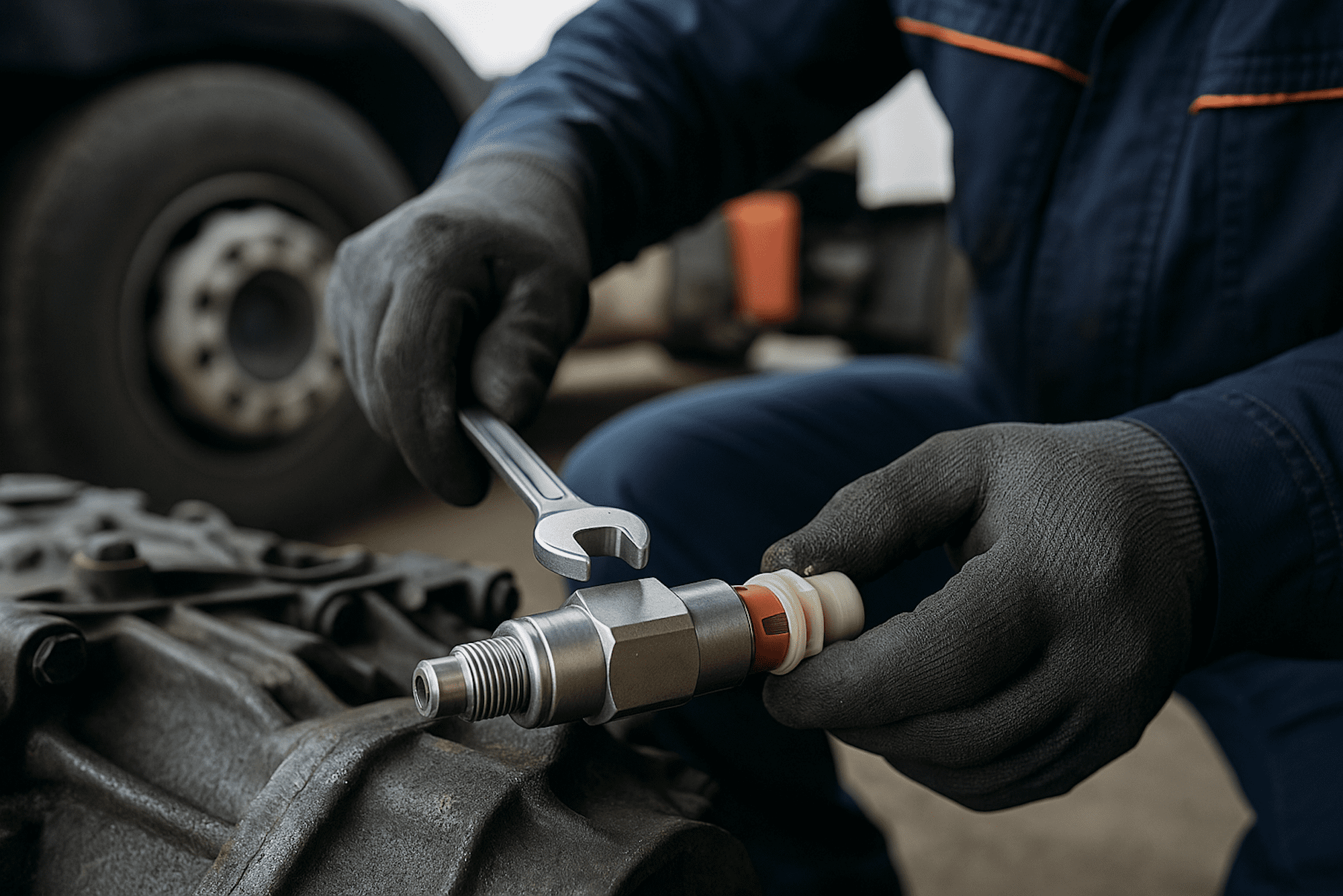 Kitas Geber_Tachoworld-4 Mechaniker installiert Kitas-Geber mit Schraubenschlüssel am LKW-Getriebe