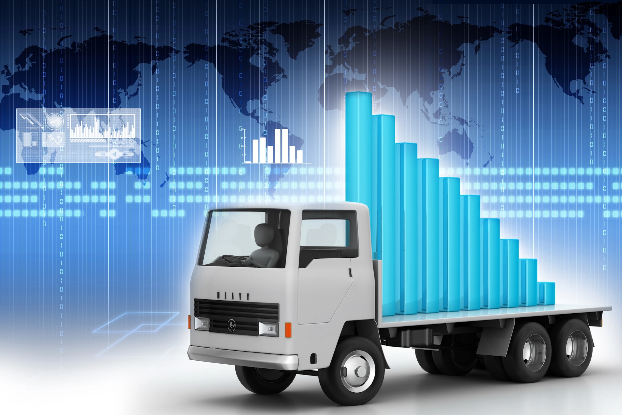 Symbolgrafik LKW mit Balkendiagramm zur effizienten Nutzung von Tachograph-Daten